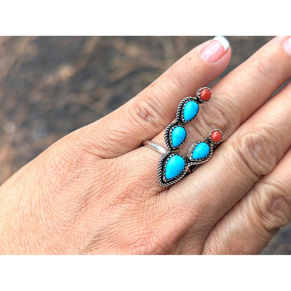 Navajo Turquoise Coral Cactus Ring Handmade Native Am Jewelry Size 6.25US**‎